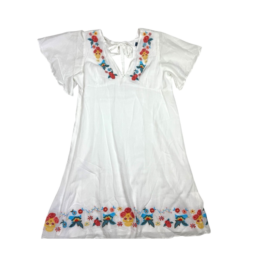 Modcloth White Dress with skull + Floral Embroidery